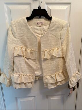 Nanette Lepore Cream Ruffle Tweed Open-Front Jacket